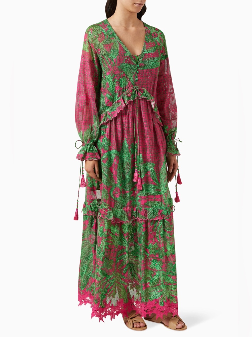 HEMANT & NANDITA Pink and Green Floral V-Neck Maxi Dress